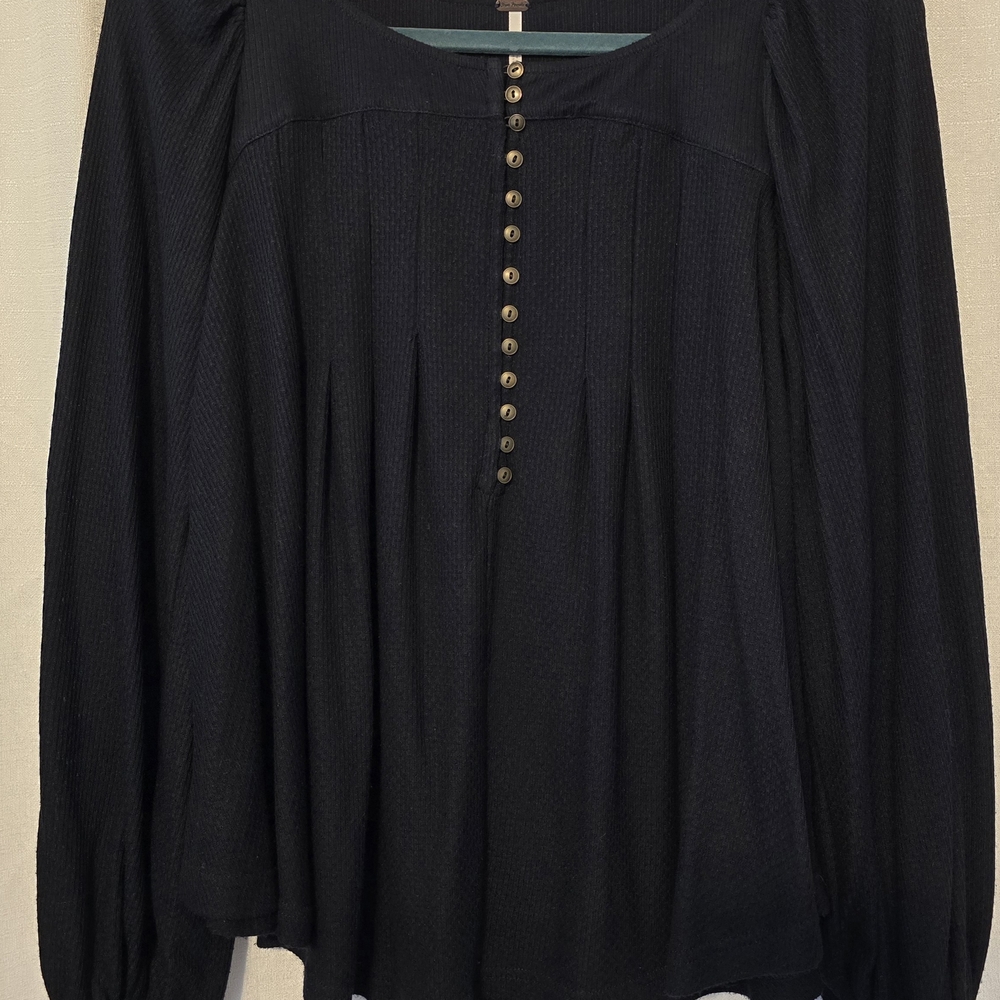 Free People Black Devon Relaxed Long Sleeve Blouse Oversized Boho Hippie Size XS - Picture 10 of 11
